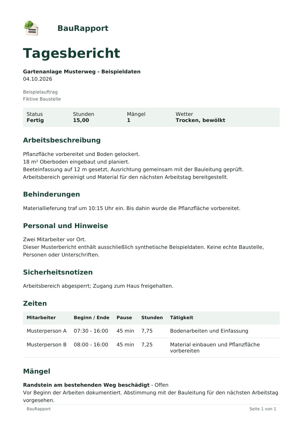 Echter Musterbericht mit Leistungen, Arbeitszeiten und offenem Mangel